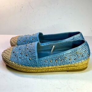 Blue rhinestone embedded espadrille slip on